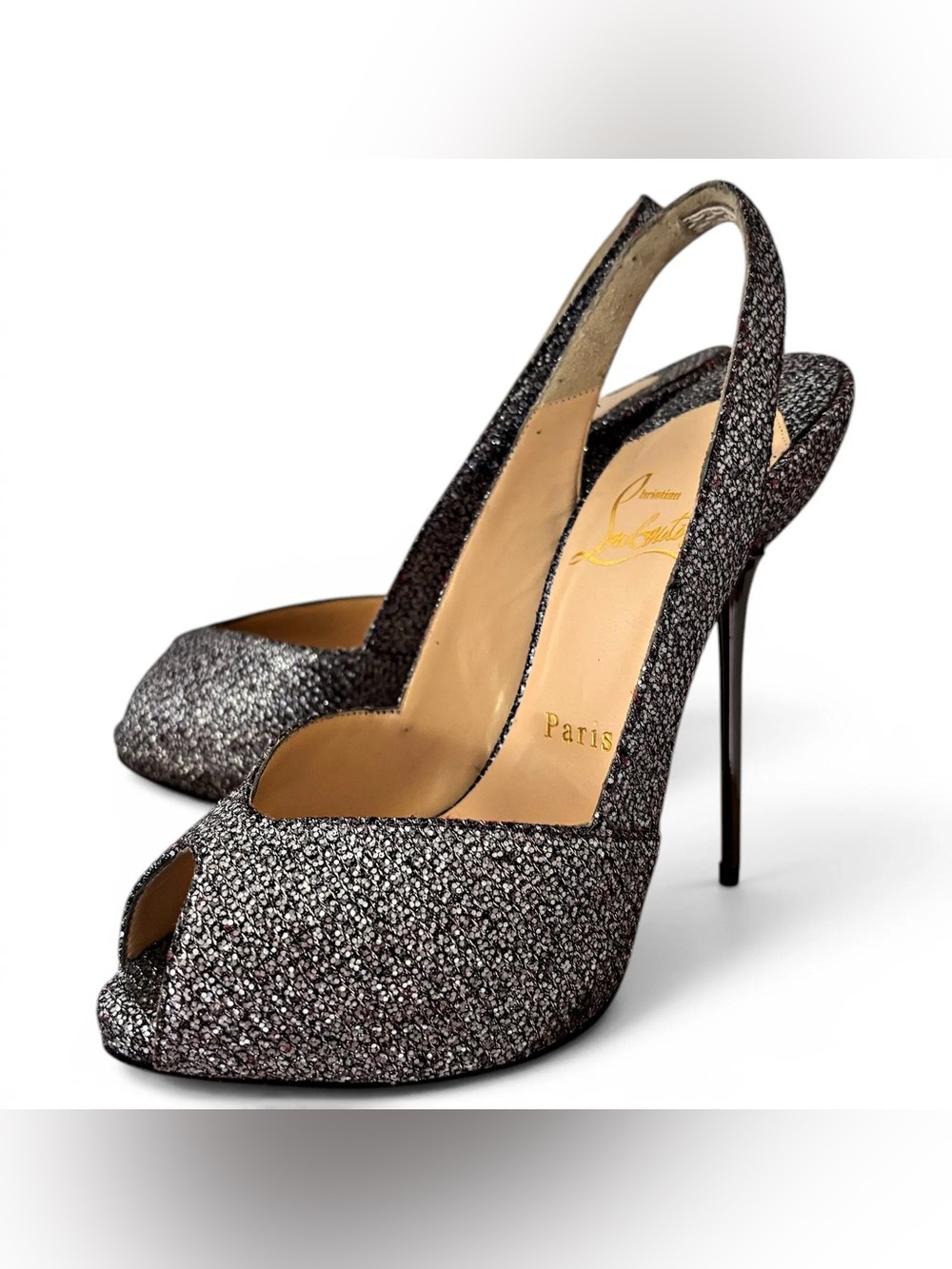 Christian louboutin Sparkle Slingback Peep-Toe Heels in Black and Gold Glitter